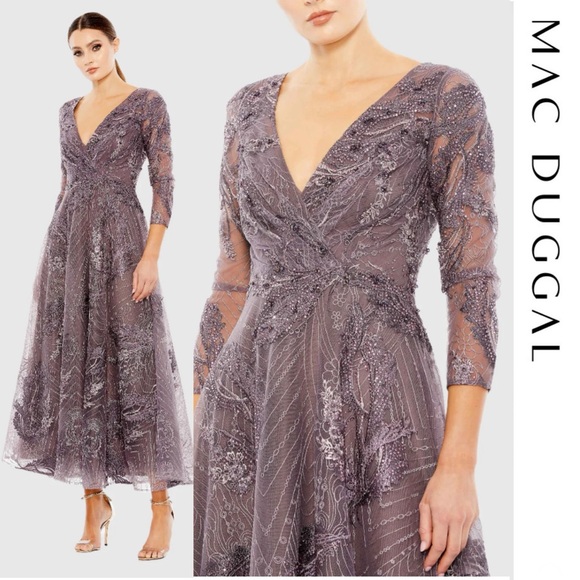 Mac Duggal - Aubergine Embellished Wrap Over 3/4 Sleeve Dress Size 18 - Picture 1 of 17